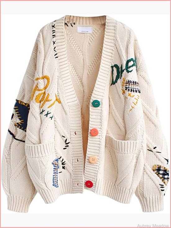 Sweaters - Chunky Knit V-Neck Cardigan with Pockets Long Sleeve